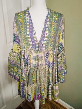 Zury Silk Blend Patchwork Paisley Tunic Boho Resort Cover Up Tassel Free Size